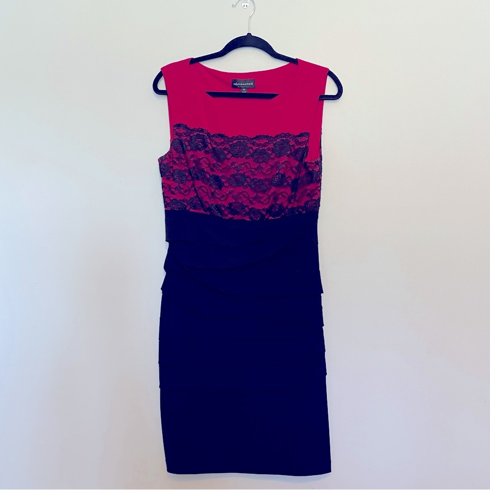 Red Black Lace Bodice Sheath Dress Sleeveless Cocktail Party